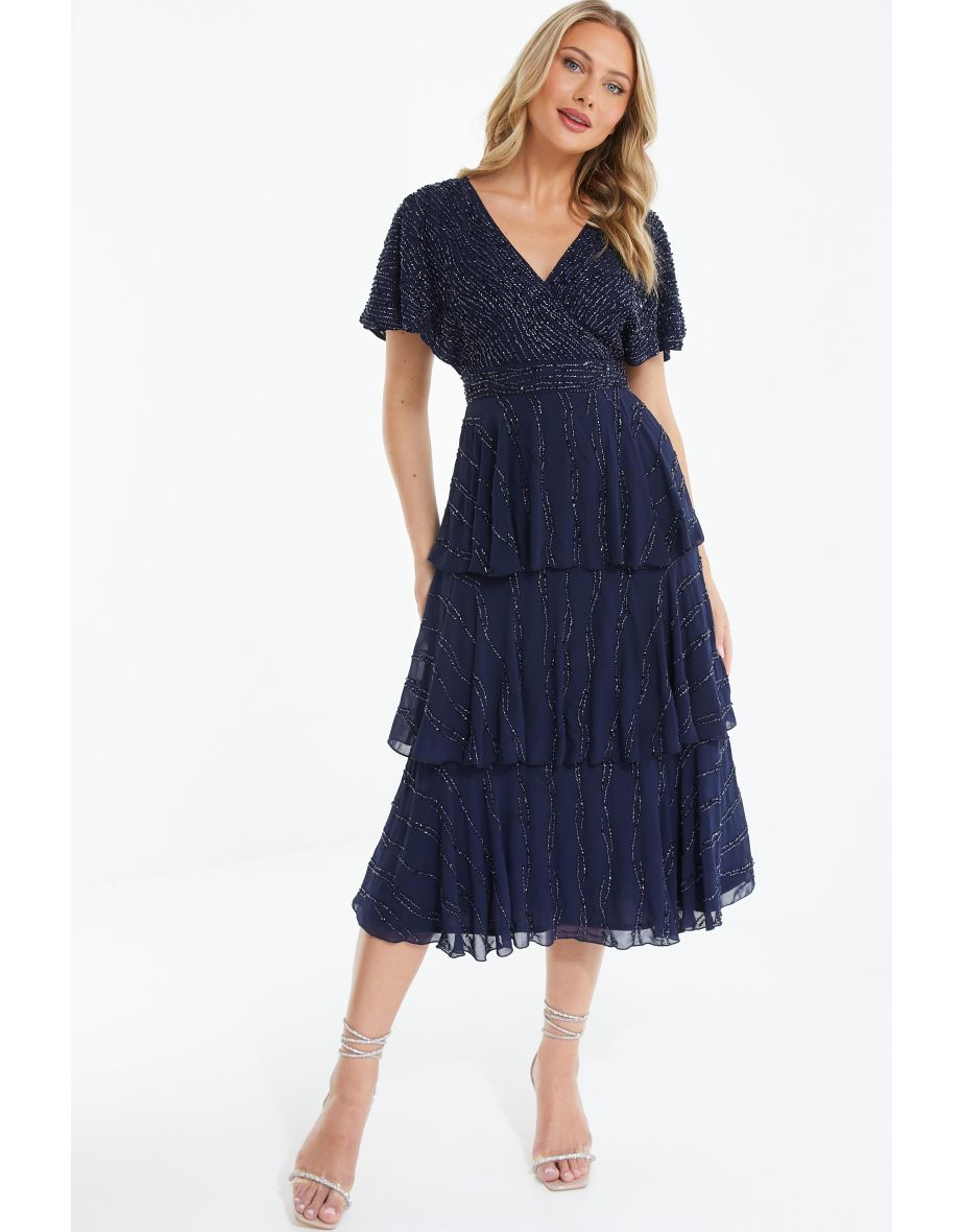 Shop Navy Glitter Tiered Midi Dress Online in Bahrain VogaCloset