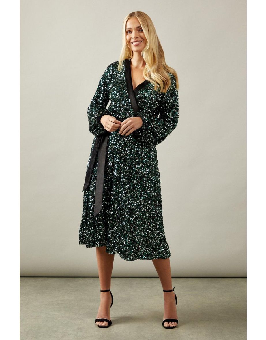 Petite Sequin Contrast Velvet Midi Dress