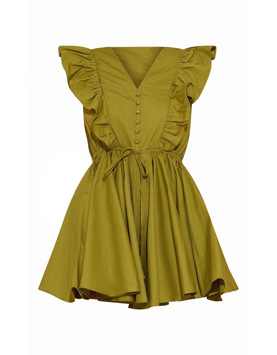 Olive Poplin Button Detail Flare Short Playsuit - 4