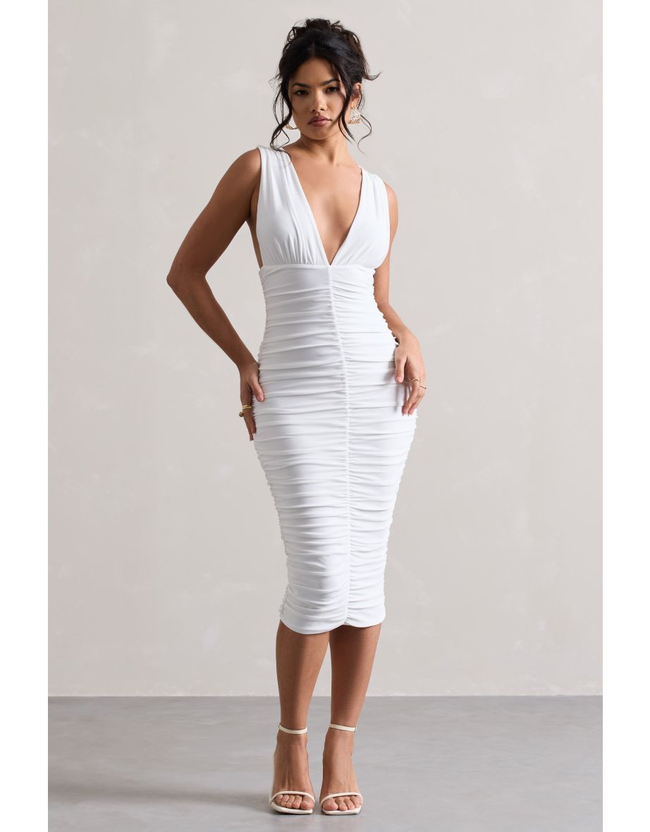 Attract | White Ruched Plunge-Neck Midaxi Dress - 4