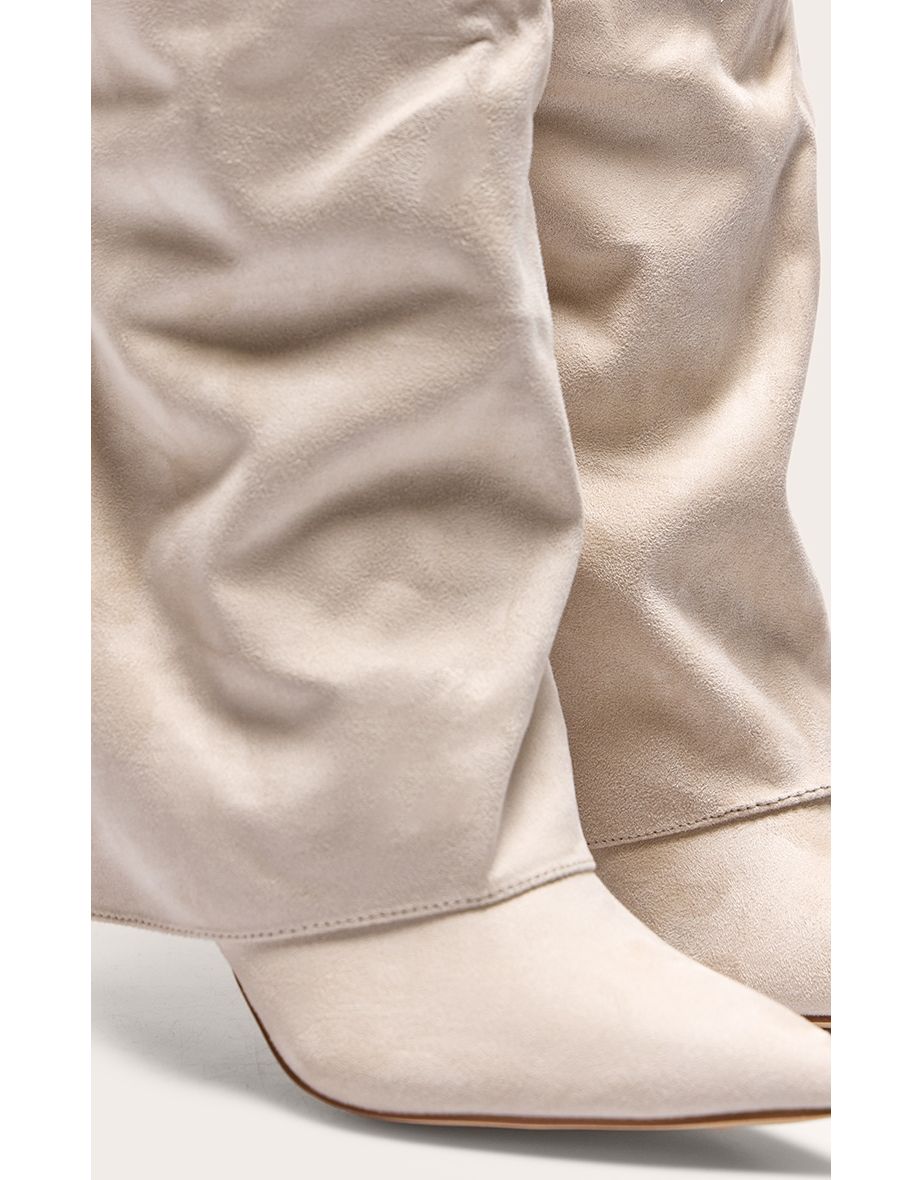 Stone Faux Suede Point Toe Fold Over High Stiletto Knee High Heeled Boots - 4