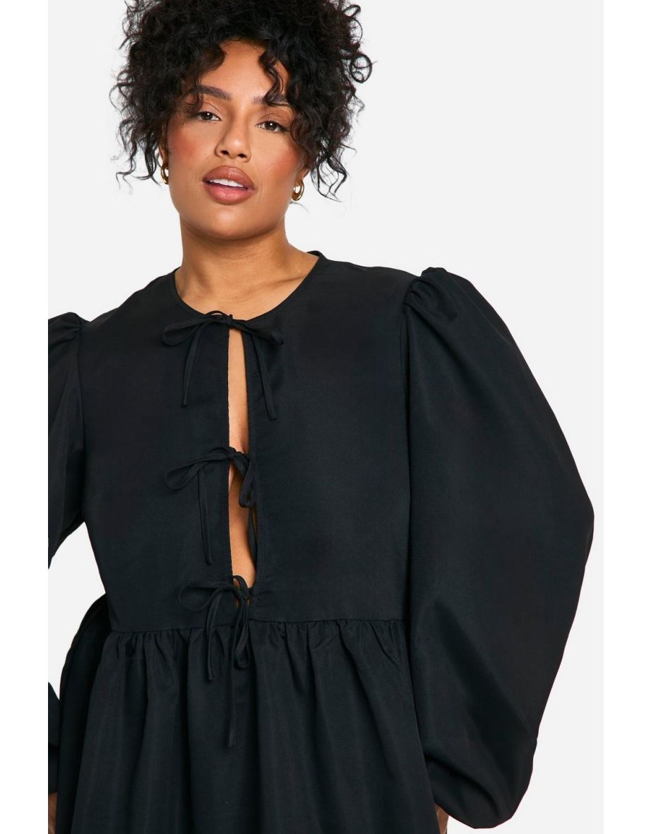 Plus Tie Front Long Sleeve Smock Dress - black - 3