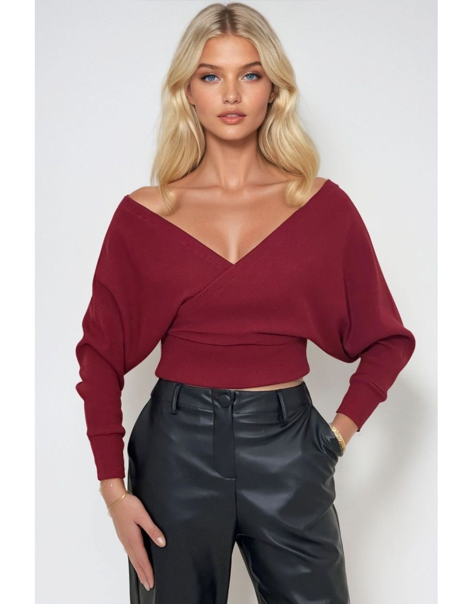 Women's Burgundy Front Back V Neck Double Breasted Blouse