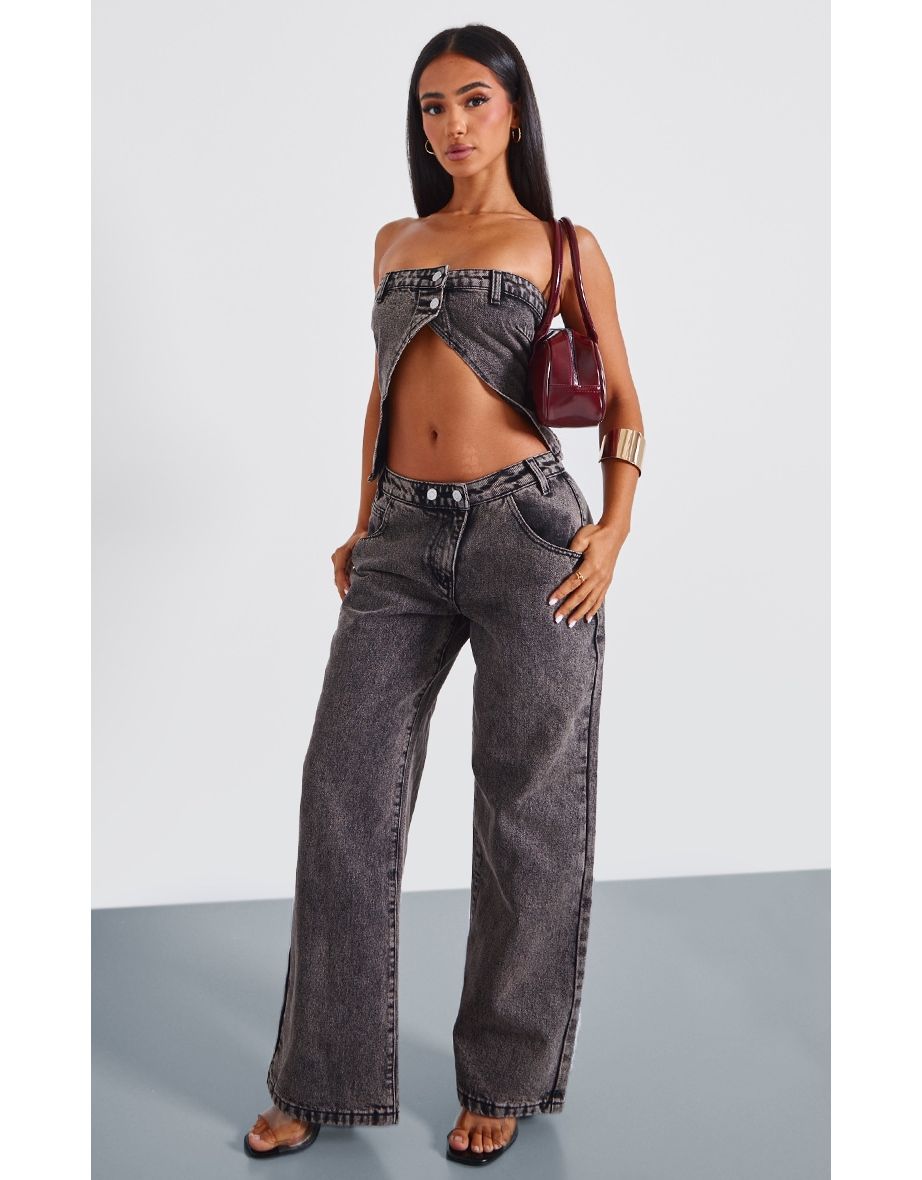 Petite Washed Grey Asymmetric Waist Wide Leg Jeans