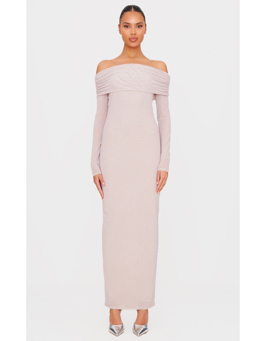 Nude Diamante Bardot Long Sleeve Maxi Dress