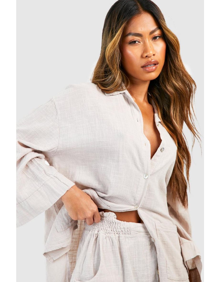 Textured Lightweight Cotton Oversized Shirt - natural - 3