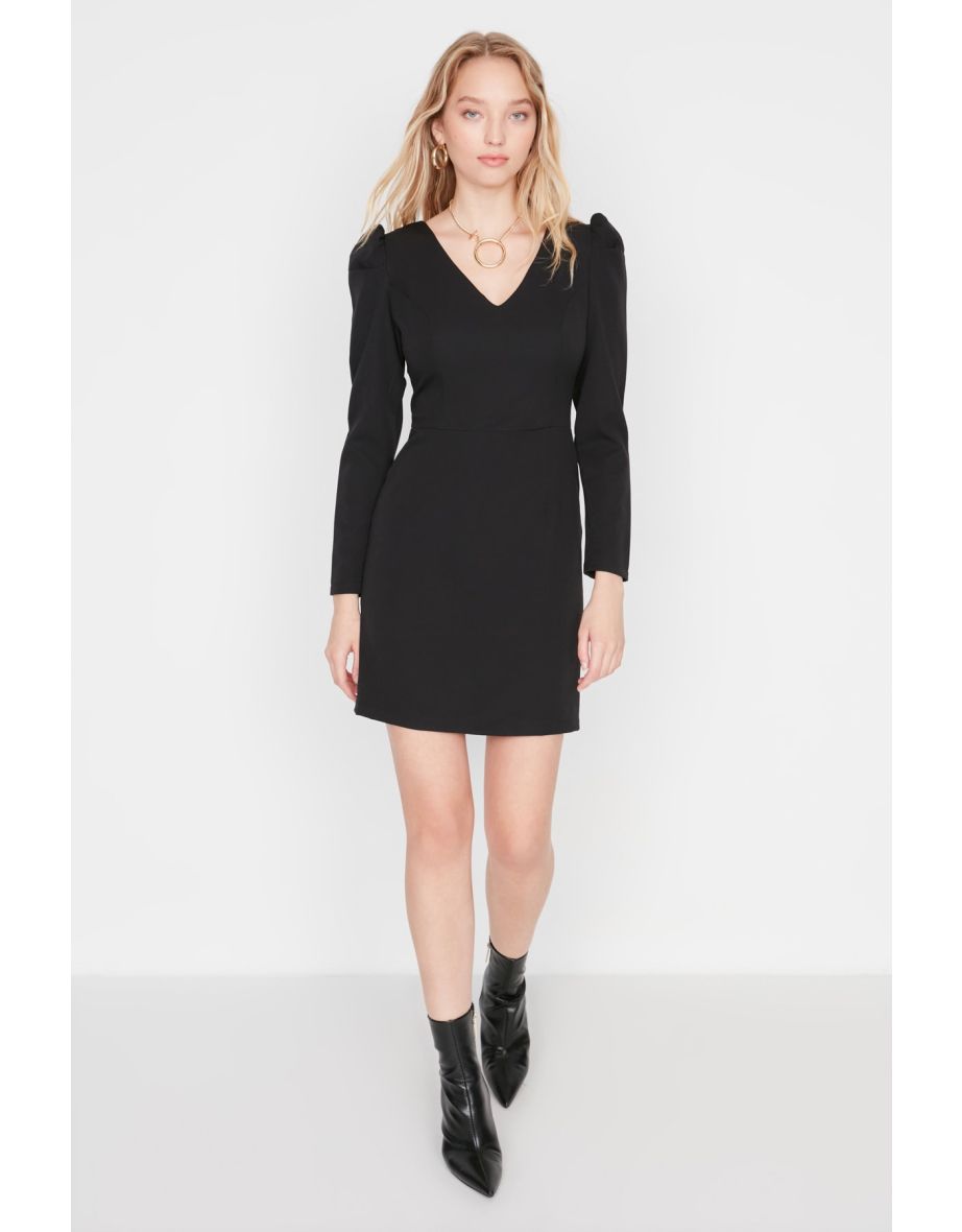 Black Column Mini Shift Dress with Long Sleeves