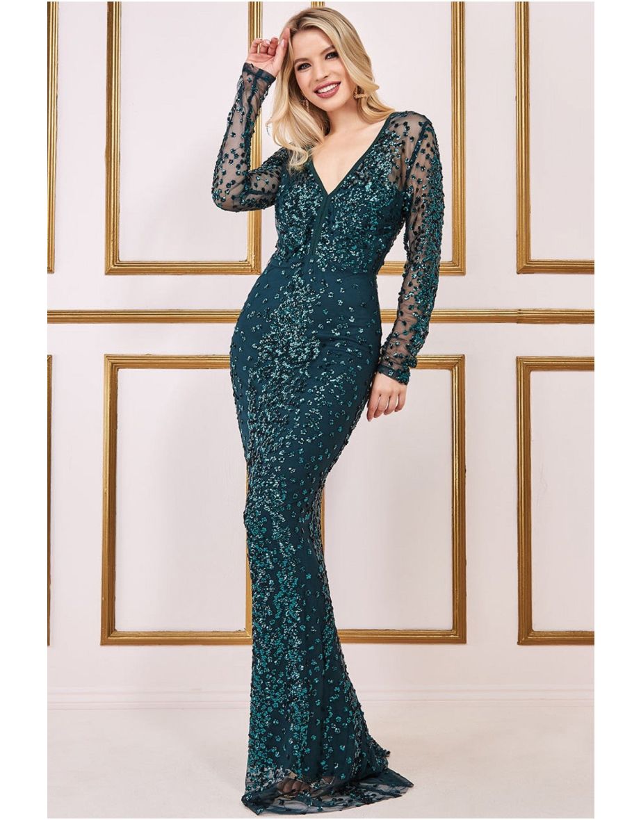 Long Sleeve Sequin V Wrap Maxi Dress In Emerald | Goddiva | SilkFred UAE