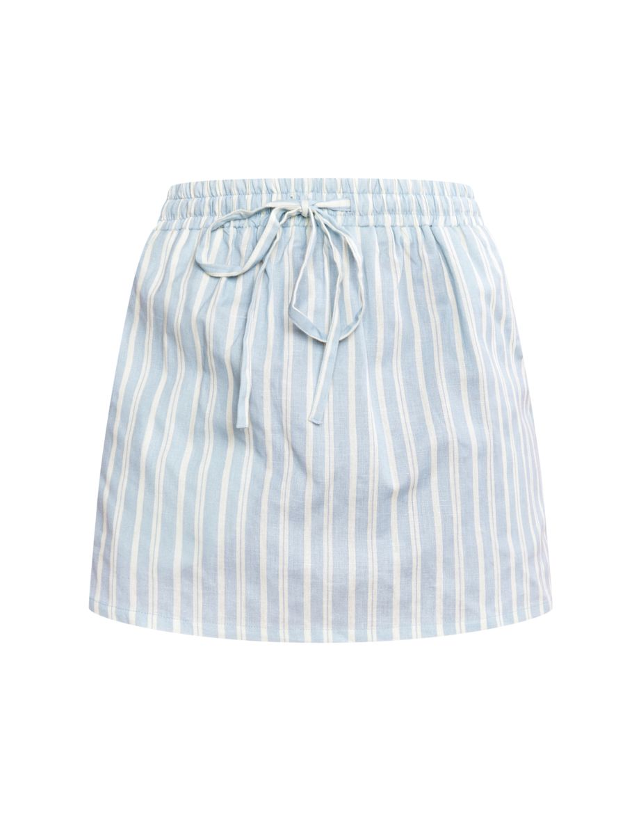 Blue Linen Look Striped Elastic Waist Mini Skirt - 5