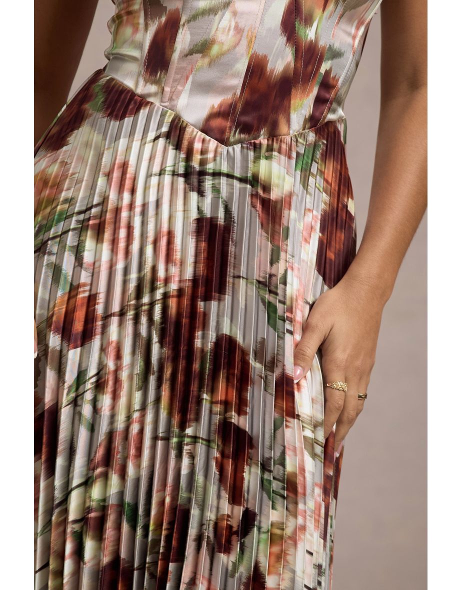 Bordeaux | Cream Floral Print Satin Corset Style Midaxi Dress - 6