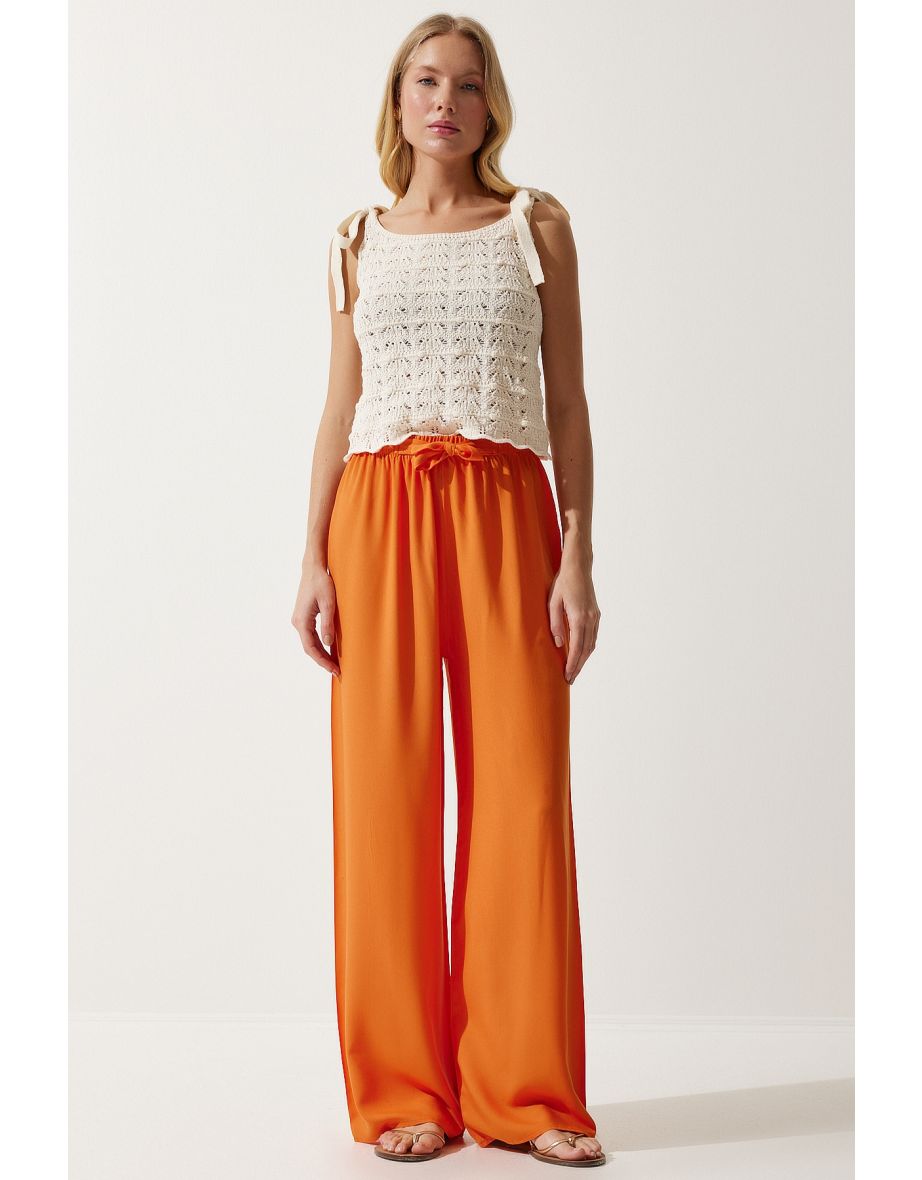 Women's Orange Flowy Knitted Palazzo Trousers