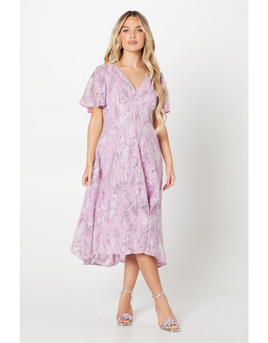Petite Sequin Lace V Neck High-low Midi Dress