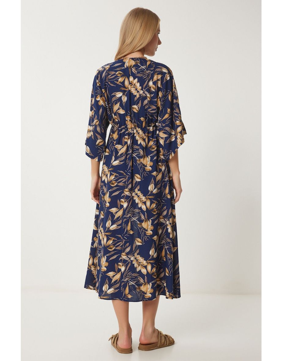 Women's Navy Blue Beige Wrap Collar Patterned Summer Viscose Dress - 6