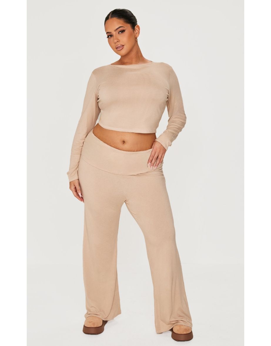 Plus Stone Fold Over Soft Touch Flared Trousers