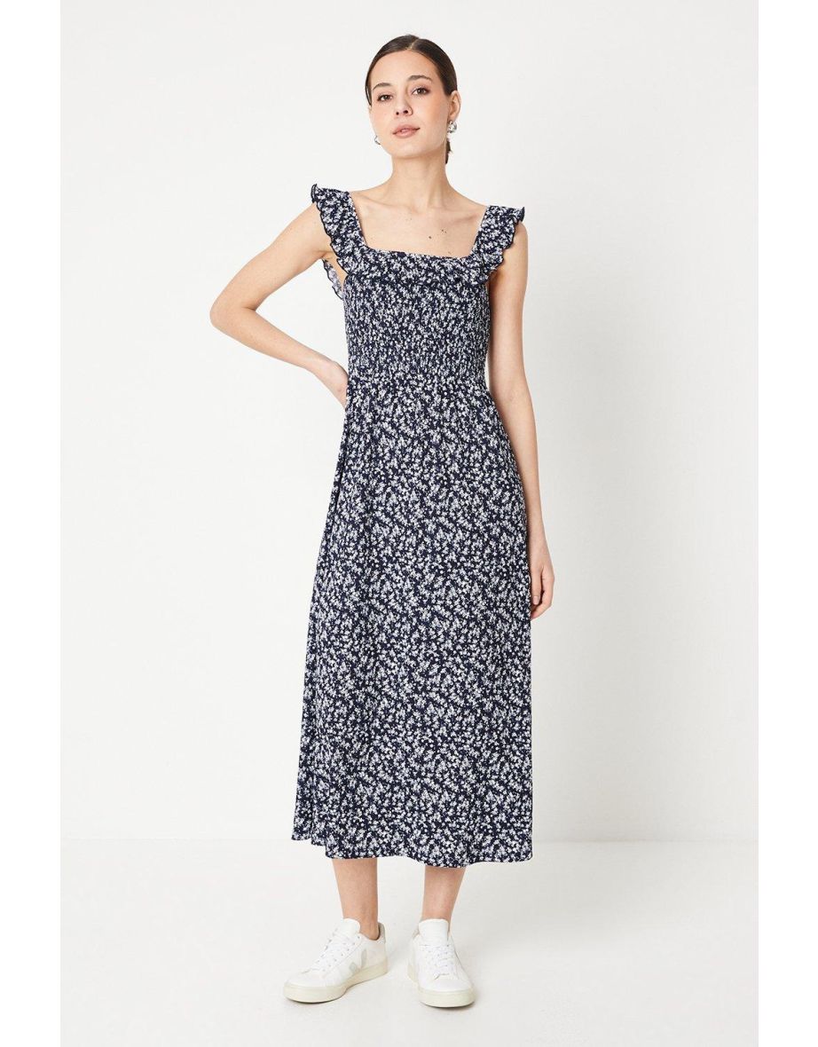 Navy Ditsy Shirred Bodice Ruffle Detail Midi Dress