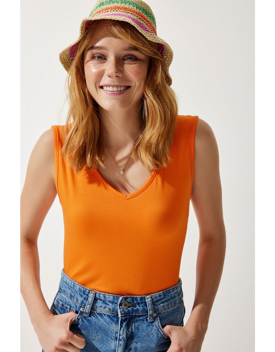 Women's Orange Deep Front Back V Neck Viscose Blouse