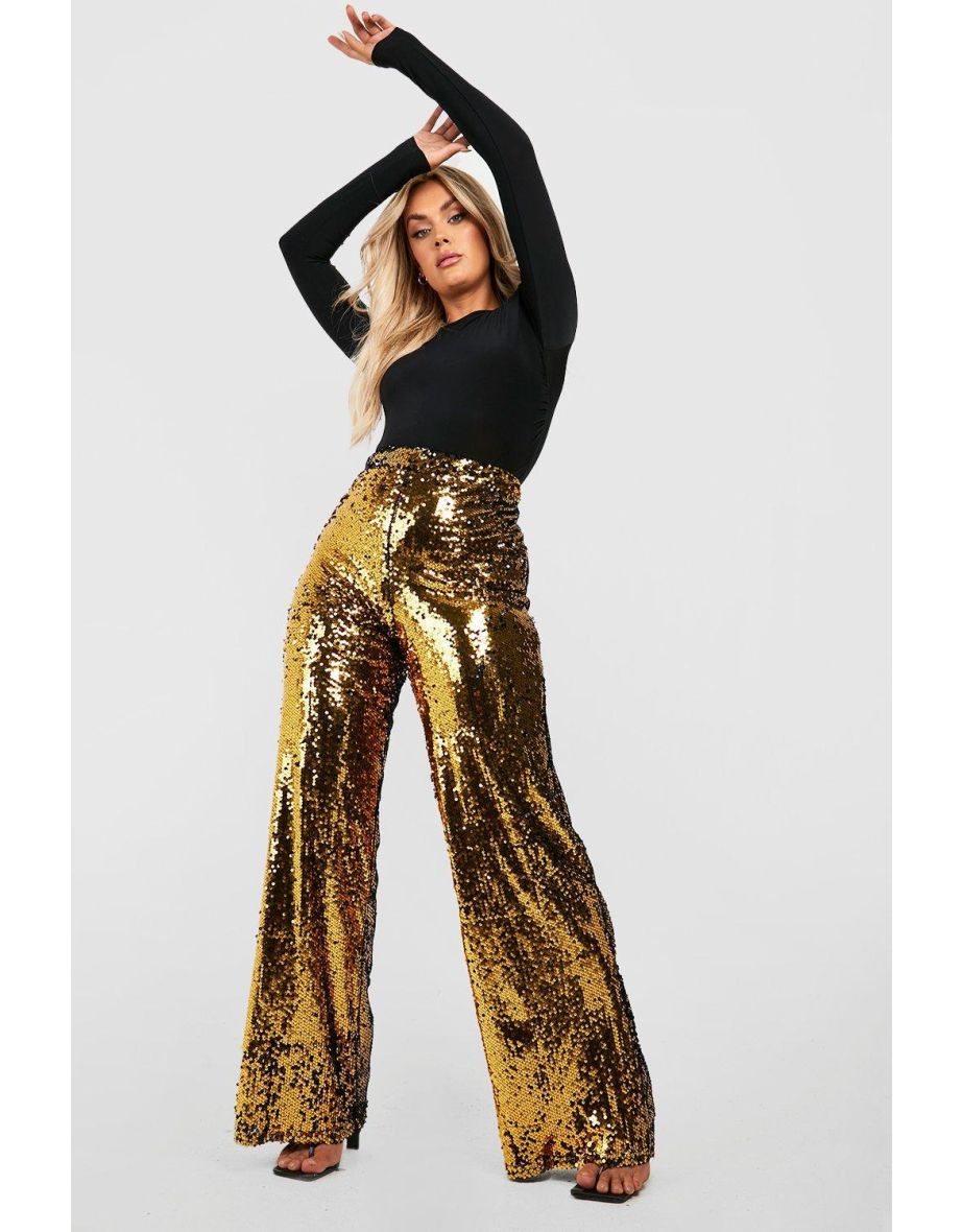 Plus Sequin Wide Leg Trousers - gold - 3