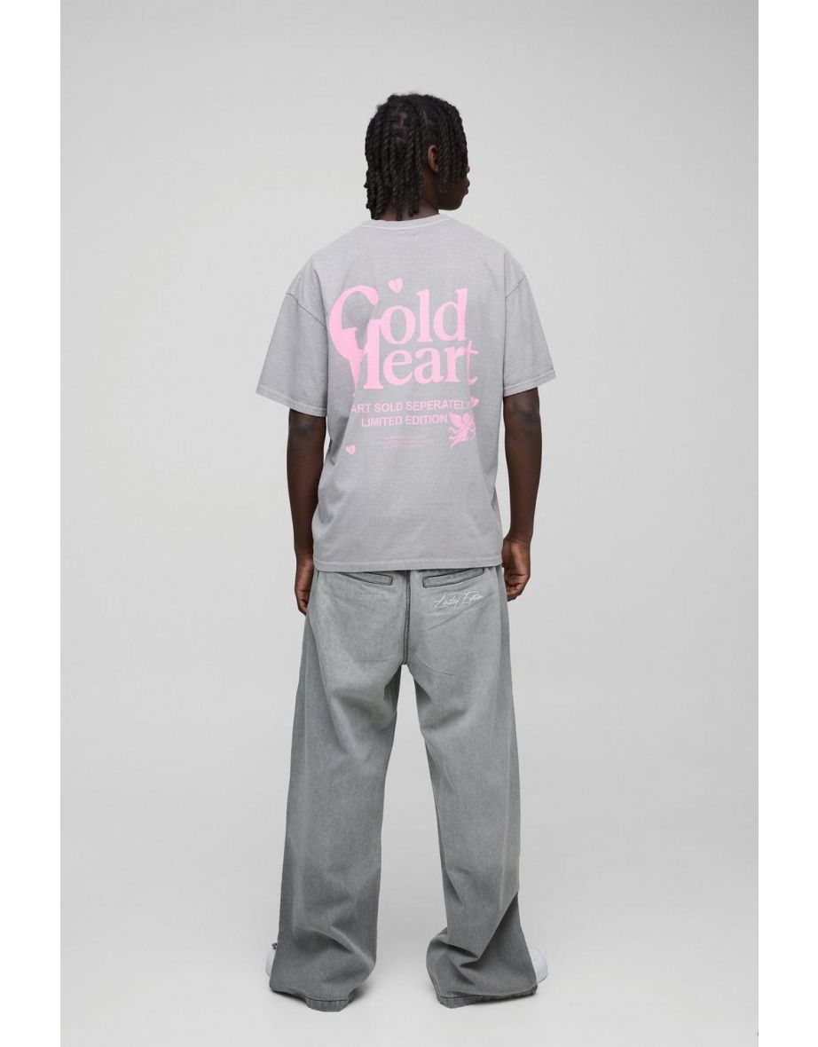 Oversized Cold Heart Slogan Print Washed T-Shirt - charcoal - 2