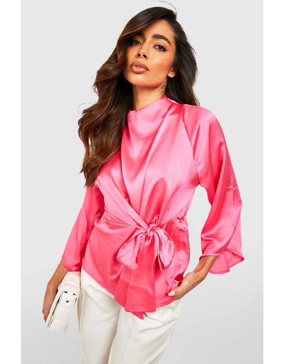 Satin Flute Sleeve Knot Front Blouse - hot pink