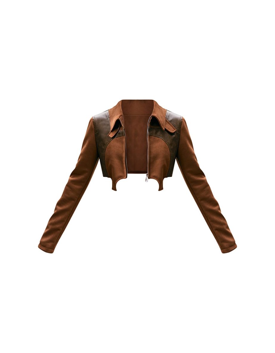Brown Faux Suede Contrast Faux Leather Western Look Cropped Jacket - 4
