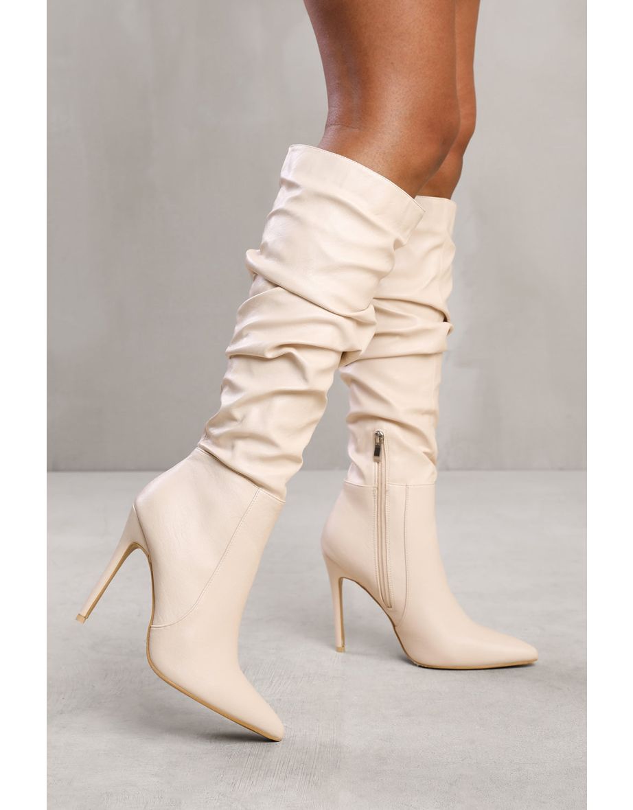 ALESSIA BELOW KNEE HIGH HEEL SLOUCH BOOT IN CREAM FAUX LEATHER - 1