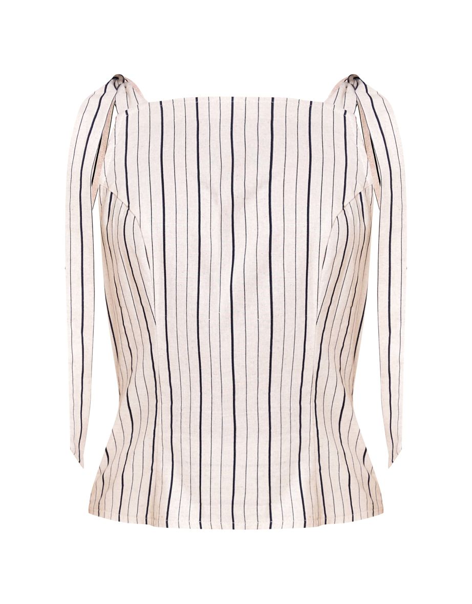 Sand Striped Linen-Blend Shoulder Tie Detail Layered Bodycon Dress - 4