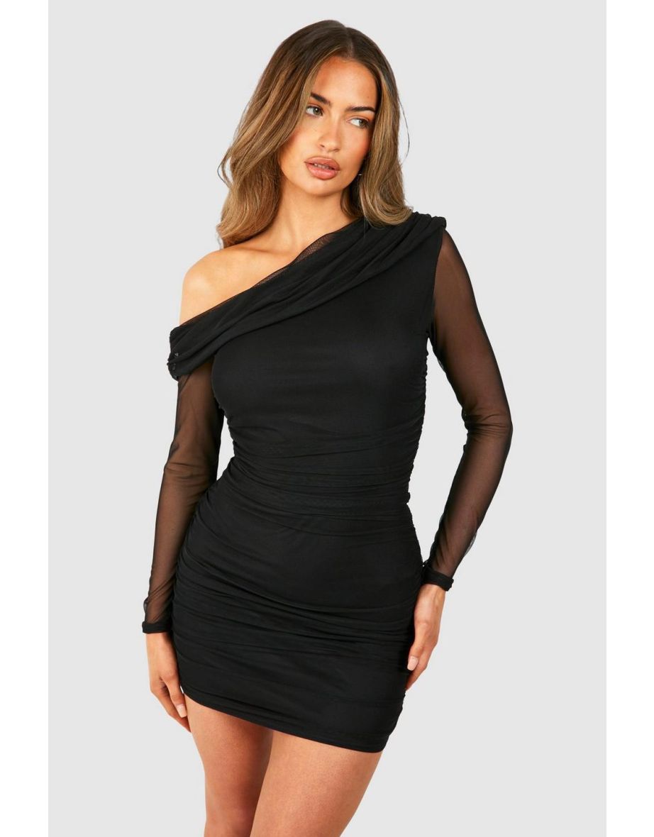One Shoulder Ruched Mesh Long Sleeve Mini Dress - black