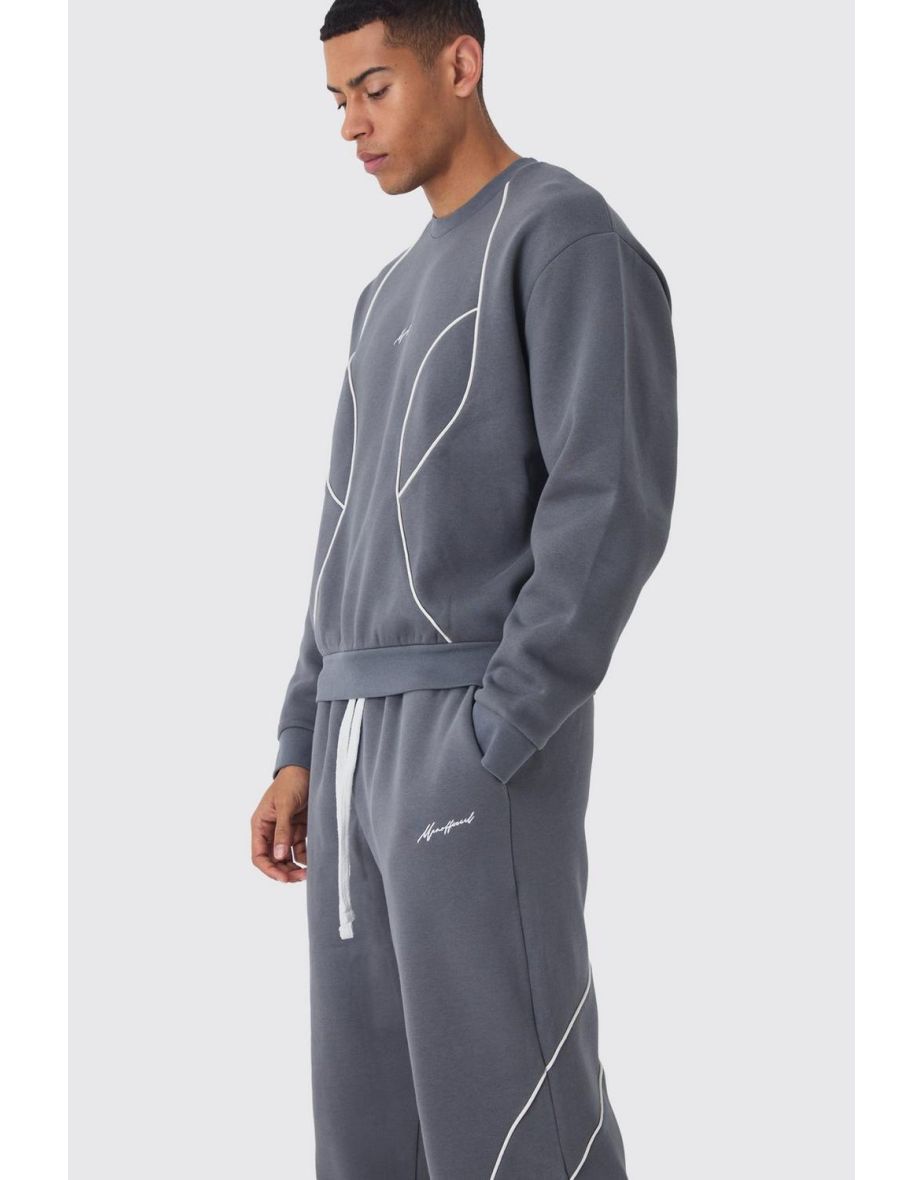 Oversized Boxy Man Piping Detail Sweatshirt Tracksuit - charcoal - 2