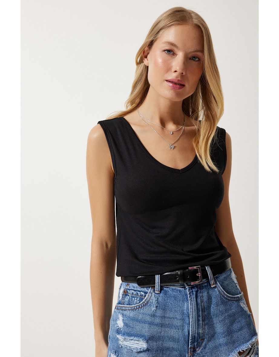 Women's Black Deep Front Back V-Neck Viscose Top