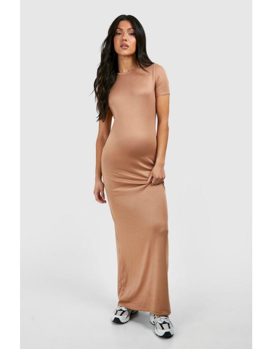 Shop Maternity Short Sleeve Supersoft Bodycon Maxi Dress camel Online in Qatar VogaCloset