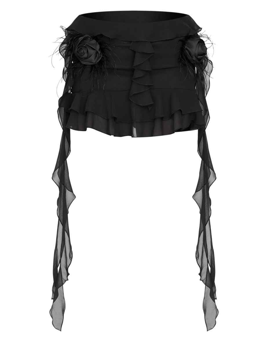 Black Chiffon Ruffle Corsage Detail Micro Mini Skirt - 5