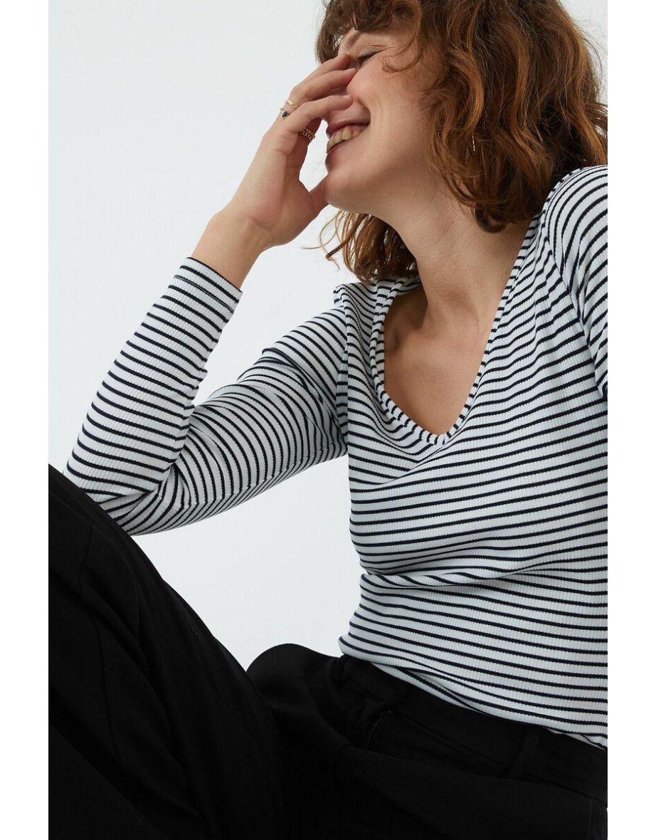 Breton Striped T-Shirt with V-Neck and Long Sleeves