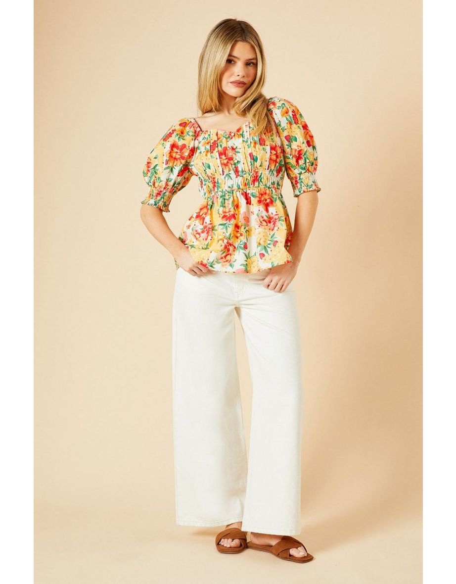 Floral Ruched Bodice Puff Sleeve Peplum Top