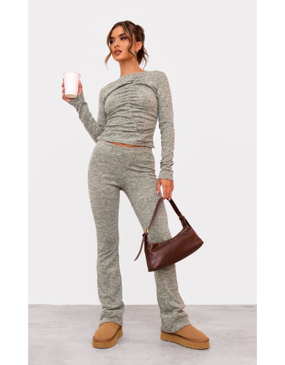 Sage Green Textured Marl Ruched Front Long Sleeve Top