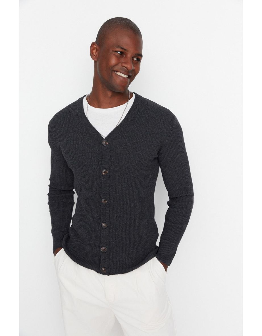 Anthracite Slim Fit Slim Fit V-Neck Buttoned Ribbed Knitted Cardigan