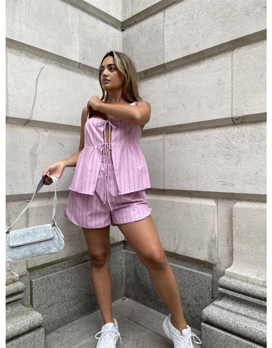 Pink Vertical-Stripe Side Split Shorts