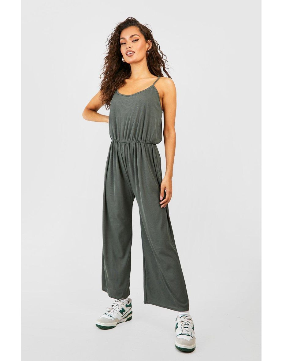 Ribbed Sleeveless Culotte Jumpsuit - khaki