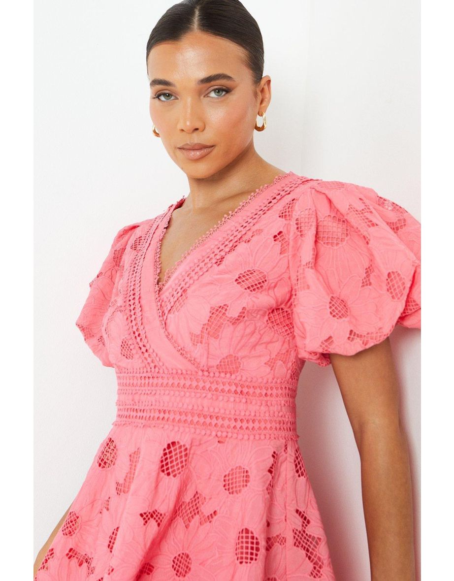 Petite Lace Mini Dress With Puff Sleeve - 3