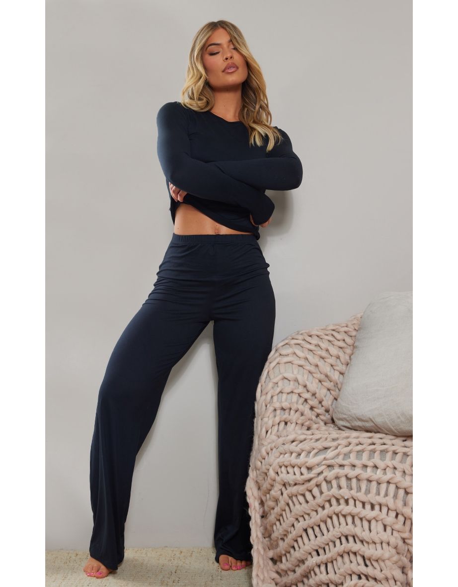 Black Soft Jersey Wide Leg Pyjama Trousers