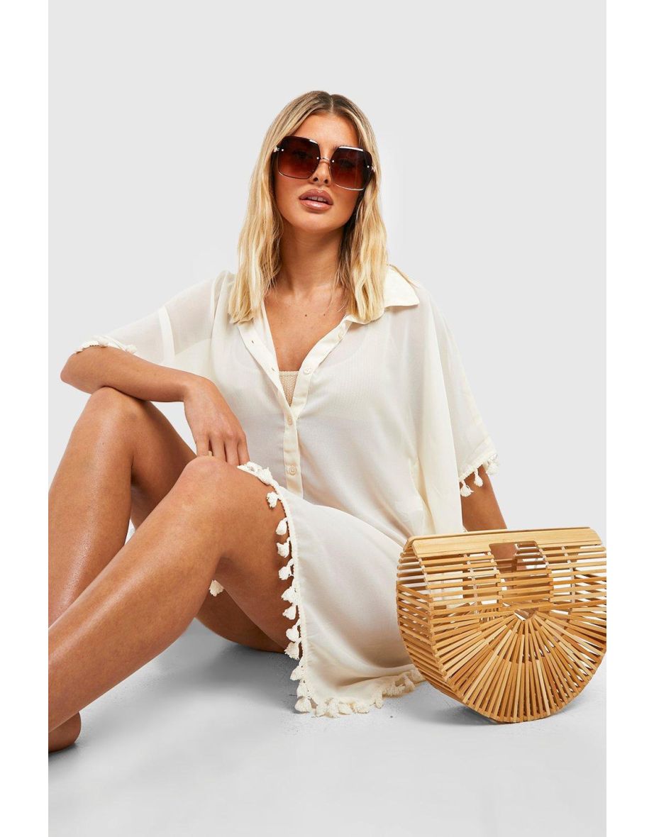 Tassels Longline Beach Shirt - stone
