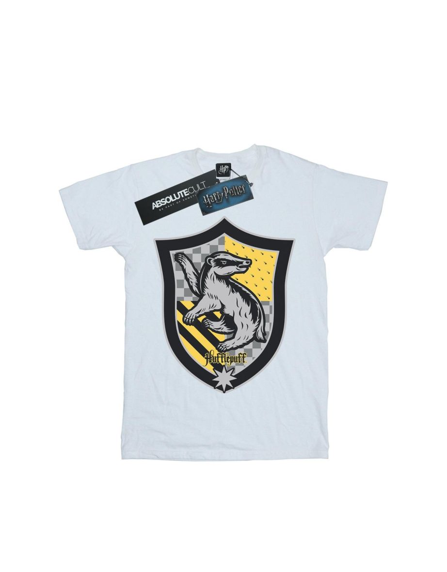 Harry Potter Womens/Ladies Hufflepuff Crest Flat Cotton Boyfriend T-Shirt - White