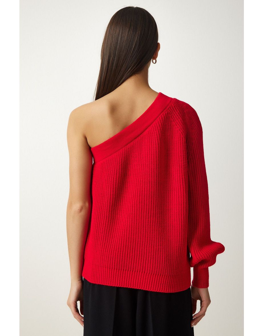 Women's Red Window Detailed Single Sleeve Knitwear Sweater - 4