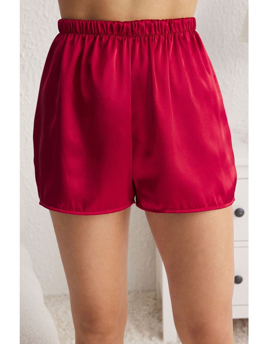 Claret Red Satin Woven Pajama Set - 4
