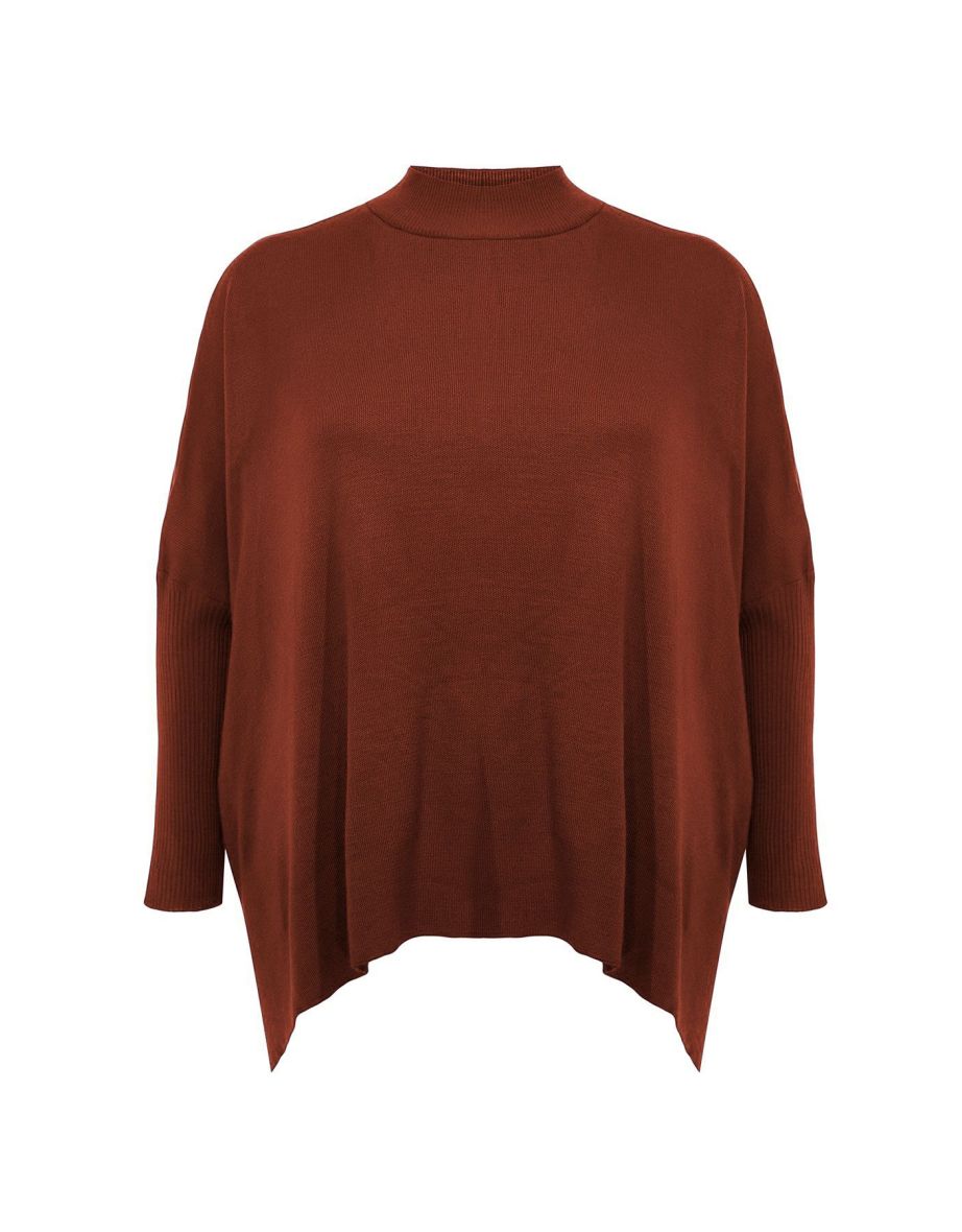 Brick Red Stand Collar Slit Detail Relax Fit Knitwear Sweater - 5