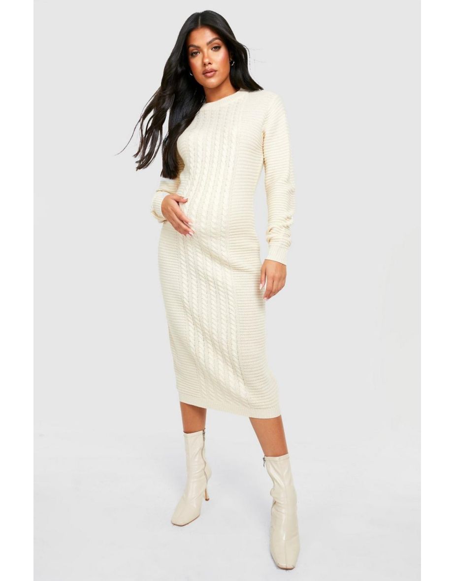 Maternity Cable Knit Knitted Midi Dress - oatmeal