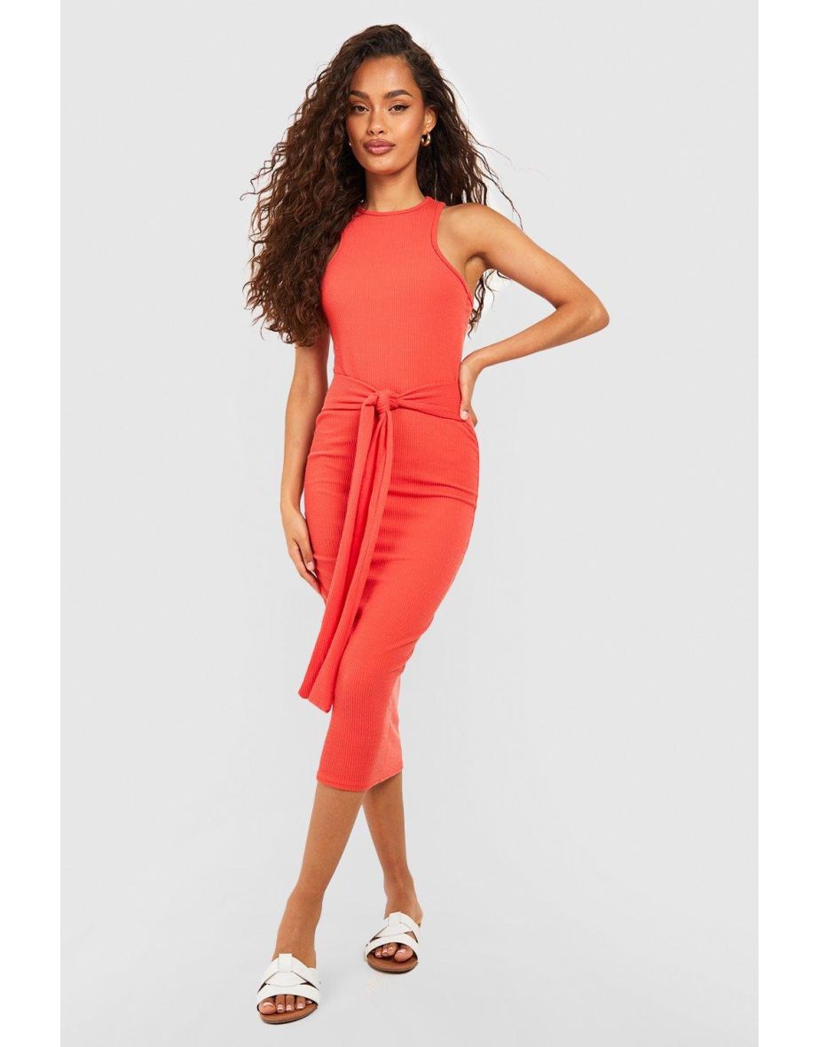 Shop Ripple Rib Racer Tie Front Midi Dress orange Online in Bahrain VogaCloset