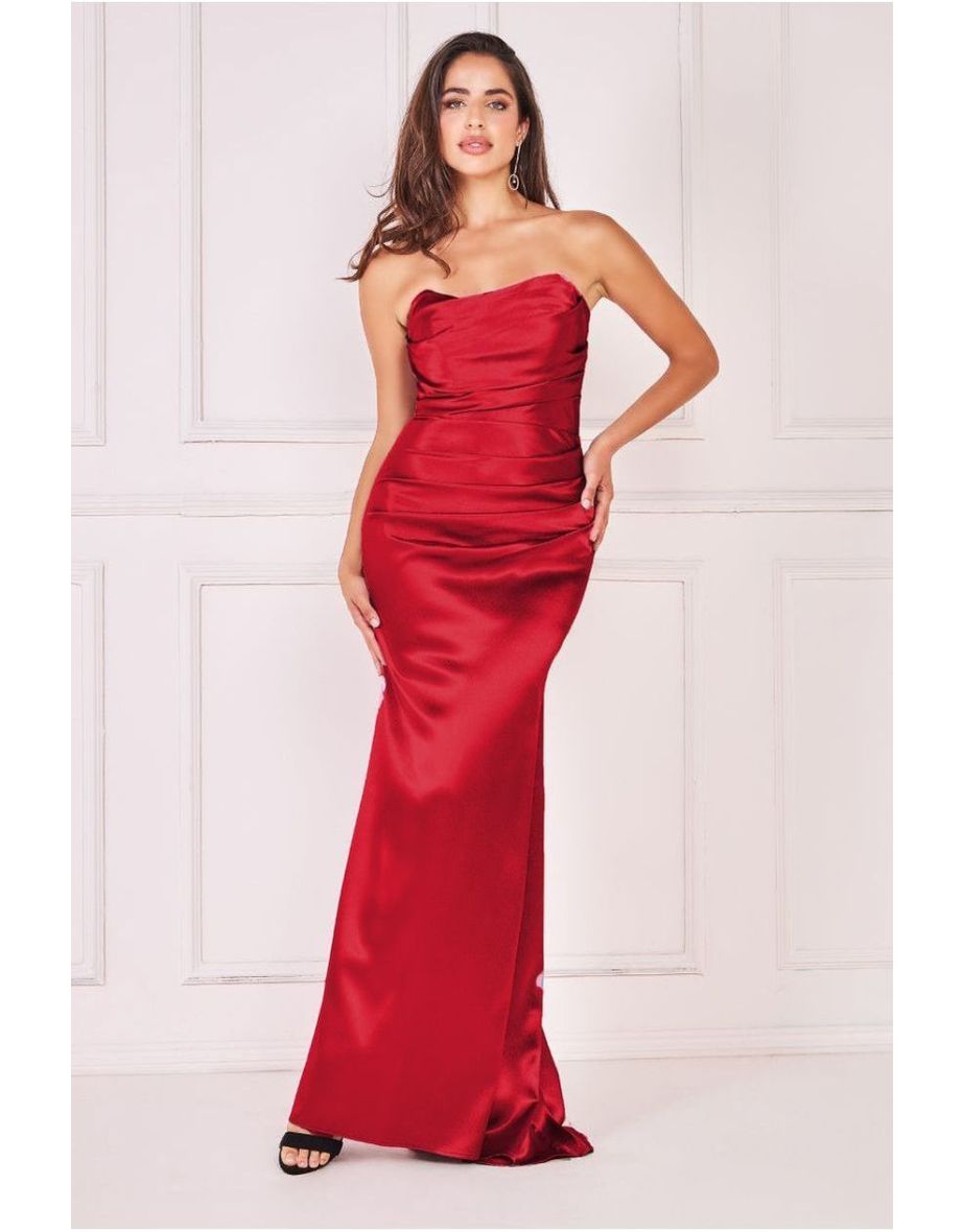Goddiva Satin Bandeau Maxi Dress - Red