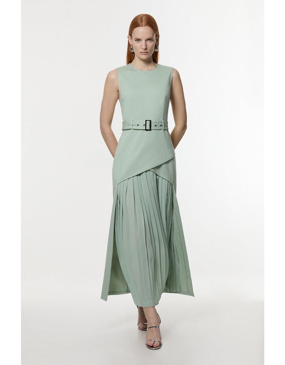 Ponte And Georgette Jersey Pleated Maxi Dress