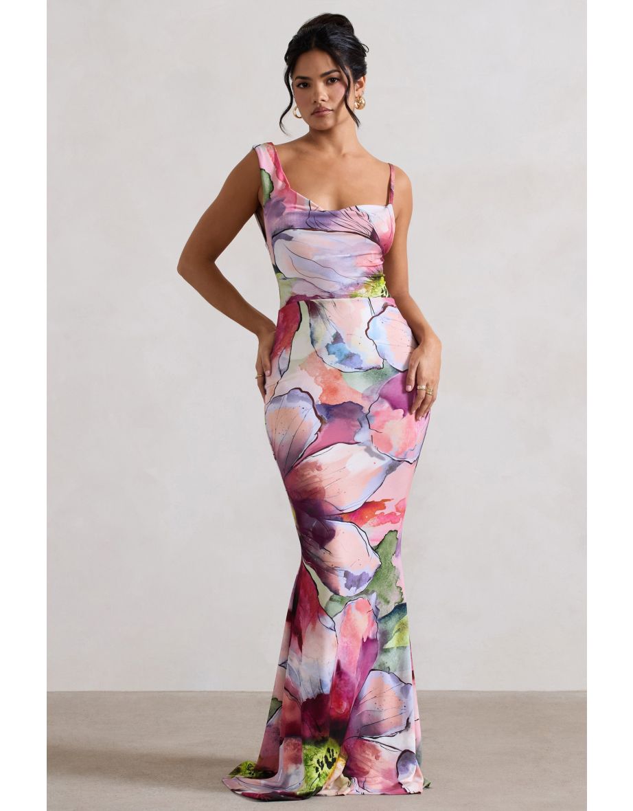 Phantasy | Pink Floral Print Asymmetric Neckline Cowl Floor Dress - 4