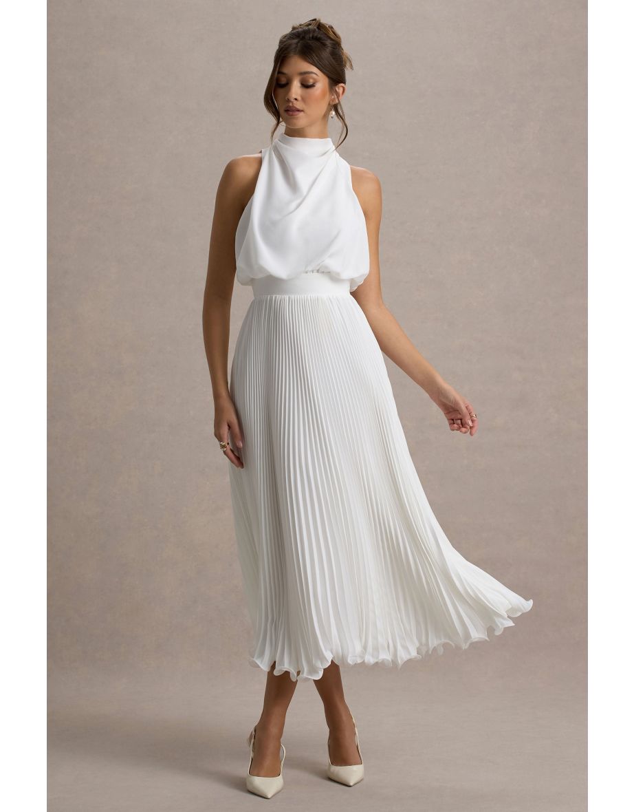 Nila | White Cowl-Neck Midi Dress With Plisse Skirt - 6